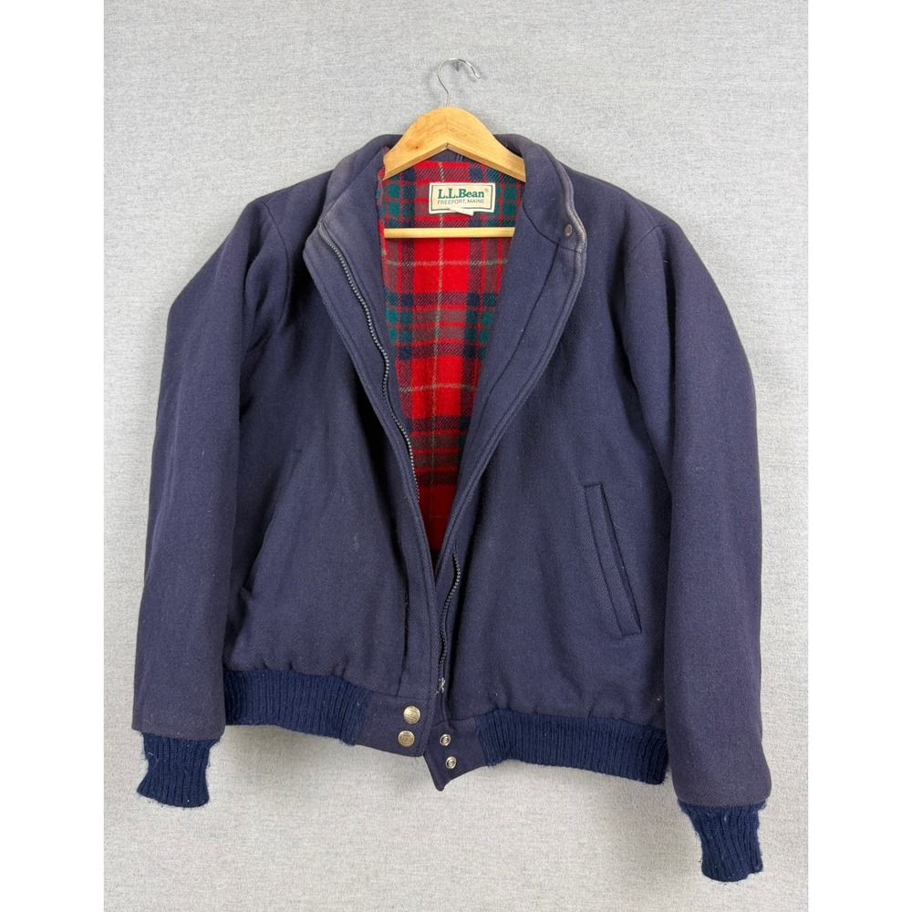 Vintage LL Bean Womens Navy Wool Bomber Jacket Plaid Lined A212 Blue Medium